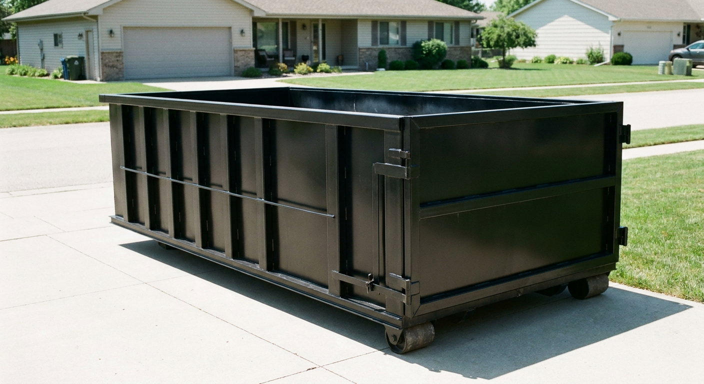 Matte-black 10-yard roll-off dumpster on a residential concrete driveway in Roanoke, uniformly painted matte black across every panel and rail, ribbed steel sidewalls and rear swing door visible, mid-day daylight.