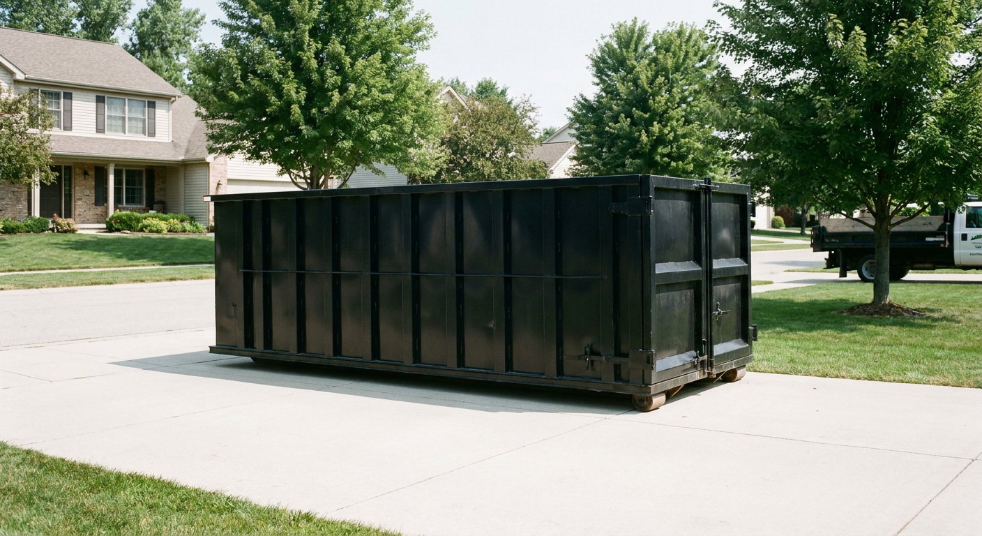 Matte-black 20-yard roll-off dumpster sitting level on a clean Roanoke residential concrete driveway under bright daylight, demonstrating clean placement directly on the concrete.
