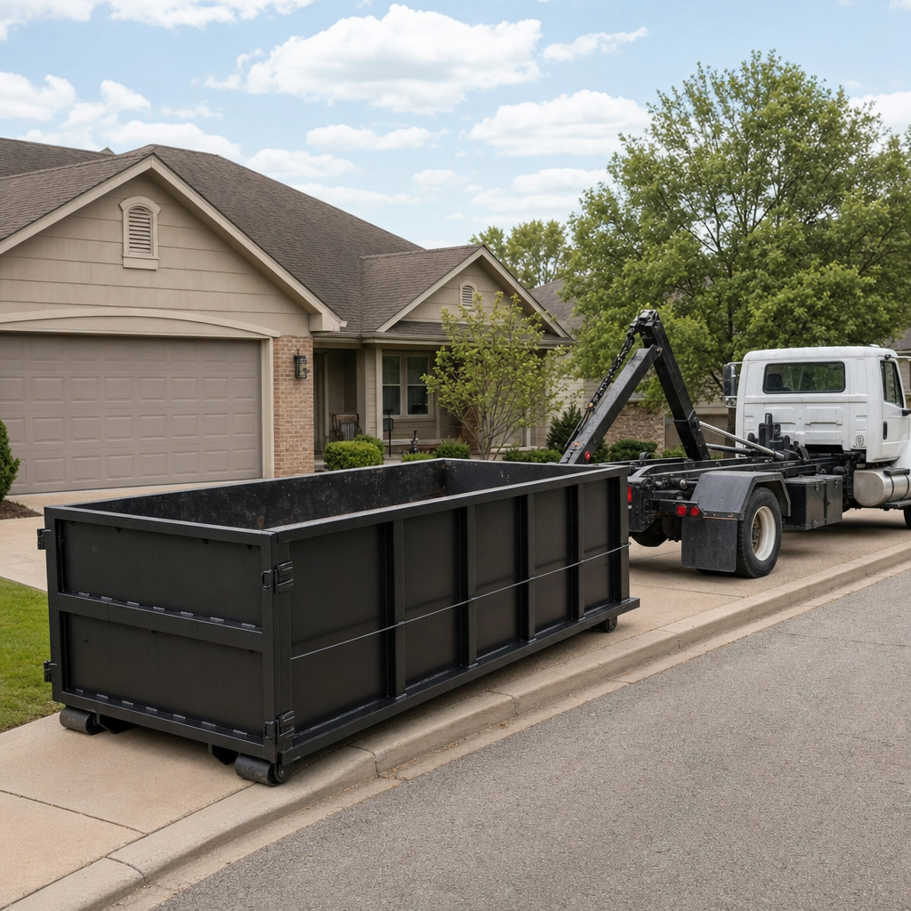 Wide documentary shot of a matte-black roll-off dumpster on a Roanoke residential driveway in the foreground and a contractor jobsite container in the soft-focus background, bright daylight, calm and orderly composition.